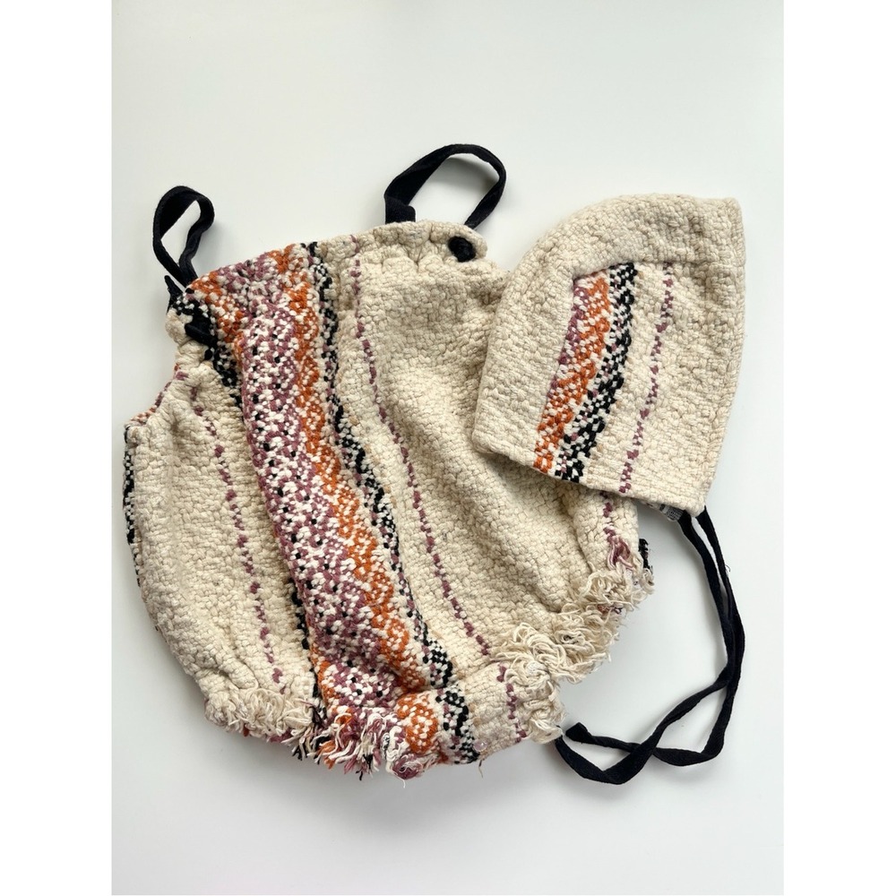 Piupiuchick Baby Woven Romper and Bonnet Set Cream Orange Stripe 12M Portugal